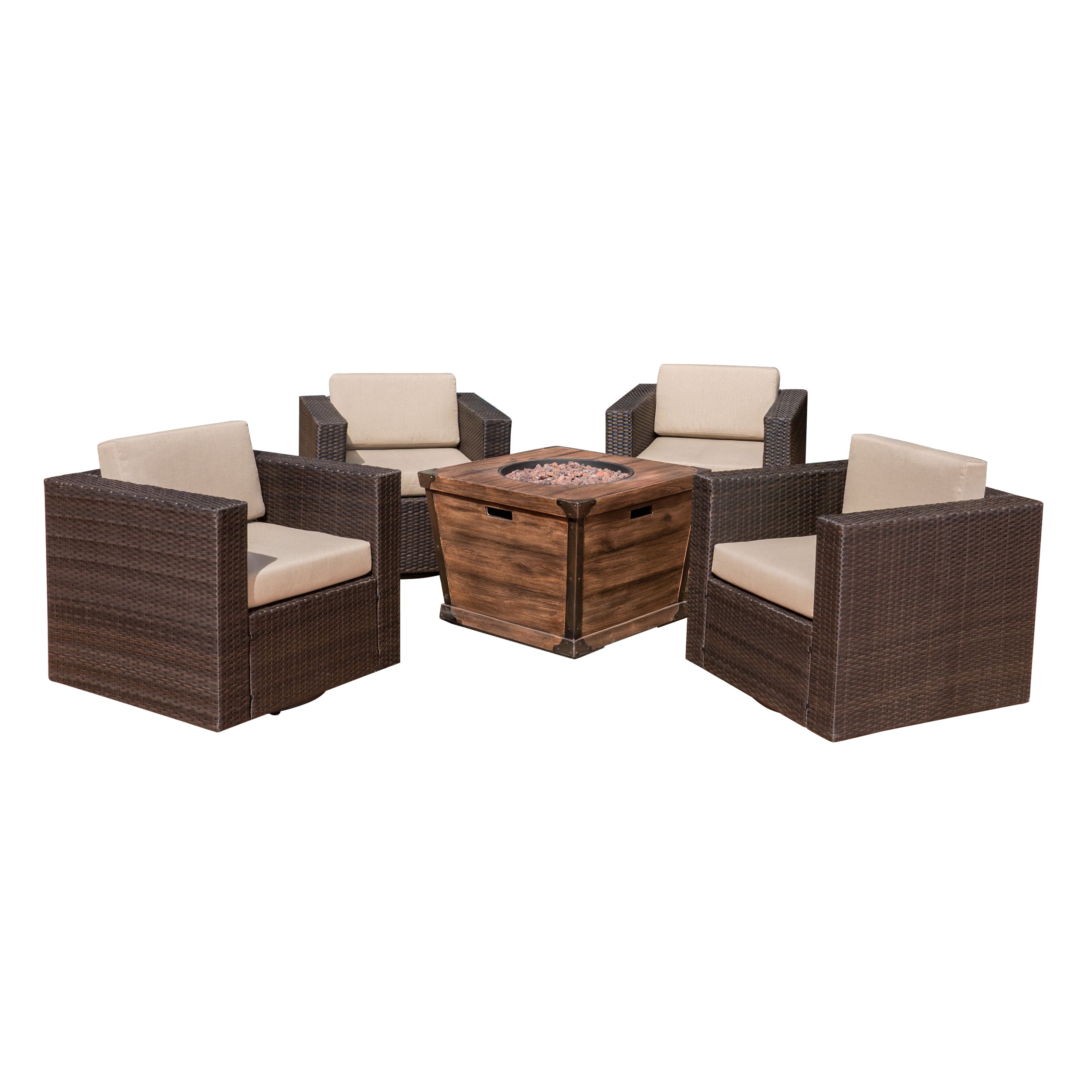 Pearson Outdoor 5 Piece Wicker Swivel Club Chair and Fire Pit Set, Dark Brown with Beige and