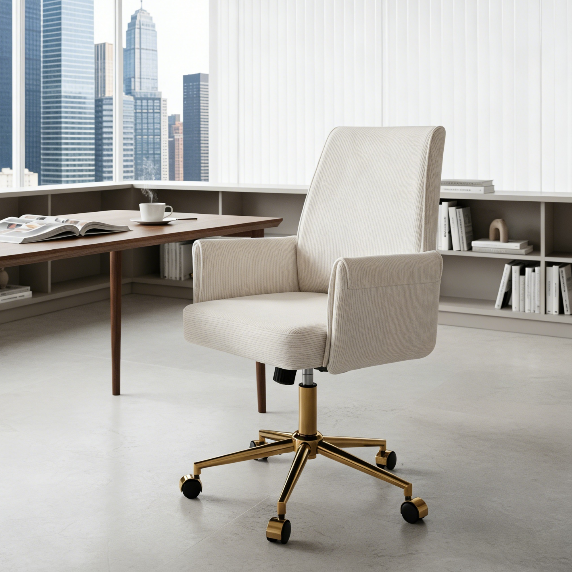 Gewnee 24.8''Office Chair,Memory Foam Seat Cushion with Waist Support,Adjustable Height,Golden Metal Base.White