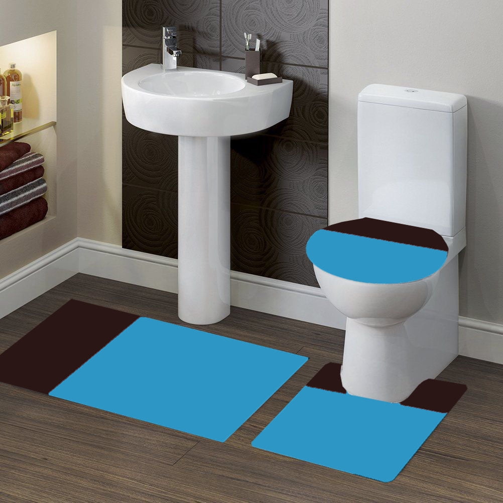 3-PC (#7) 2 Tone Brown BLUE HIGH QUALITY Jacquard Bathroom Bath Rug Set Washable Anti Slip Rug 18&quot;x28&quot;, Contour Mat 18&quot;x18&quot; and Toilet Seat Lid Cover 18&quot;x19&quot; with Non-Skid Rubber Back