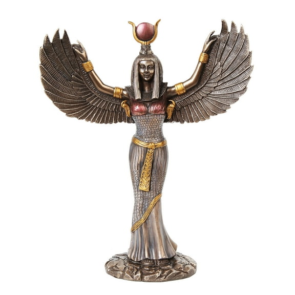 Egyptian Theme Isis Mythological Bronze Finish Figurine With Open Wings Goddess of Magic Statue Sculpture