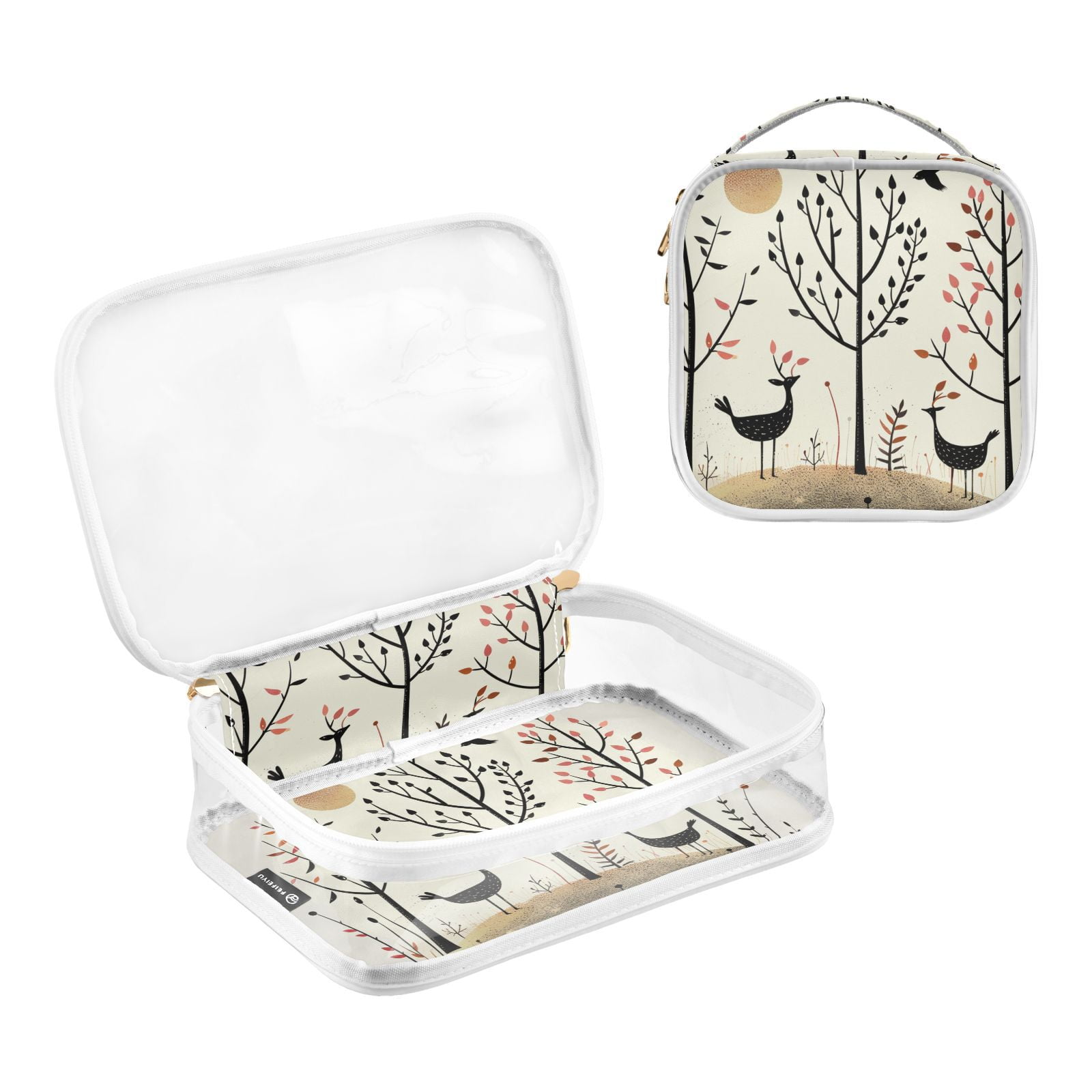 Clear Makeup Bags with Handle Large Opening 2 Pack Set Toiletry Bag Quart Size Bag, for Women Man Traveling Travel Essentials, Toiletries and Other. Hand Drawn Forest