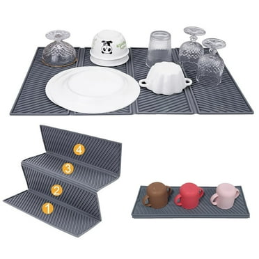 UHIAGREE Fourfold Silicone Dish Drying Mat,23"x15" Folding Dish Drainer Mat for Kitchen Counter,Gray