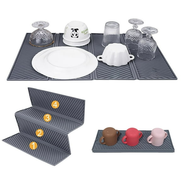 UHIAGREE Fourfold Silicone Dish Drying Mat,23"x15" Folding Dish Drainer Mat for Kitchen Counter,Gray