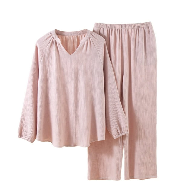 Jindong Pyjama pour Femmes Ensemble Dames Pyjama en Pur Coton Teint en Fil avec Manches de Neuf Minutes et Cardigan Ensemble de Robe de Maison Tout Coton Tenue d'Intérieur pour Femmes