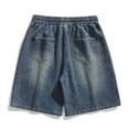 thumbnail image 4 of Summer Mens Solid Denim Shorts Casual Straight Leg Loose Fit Drawstring Knee Length Breathable Blue XXXXXL, 4 of 7