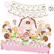 SKYSONIC Farm Animal Birthday Party Decorations for Girls Farm Barnyard Happy Birthday Backdrop Banner Cake Toppers Farmhouse Animals Decor Tablecloth Balloons for 1st 2nd Farmyard Bday Supply