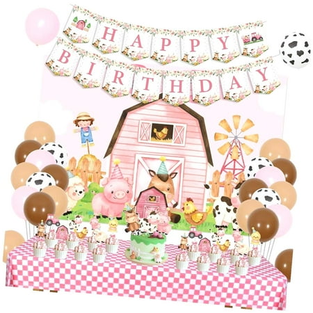 SKYSONIC Farm Animal Birthday Party Decorations for Girls Farm Barnyard Happy Birthday Backdrop Banner Cake Toppers Farmhouse Animals Decor Tablecloth Balloons for 1st 2nd Farmyard Bday Supply