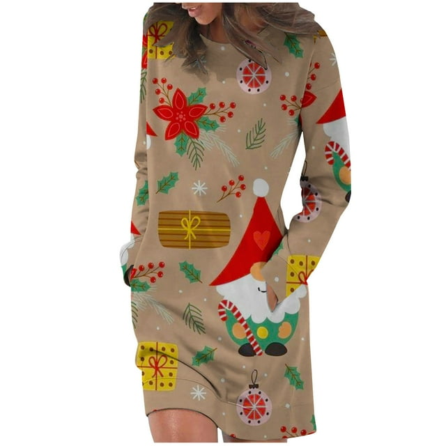 Pompotops Robe de Mode Décontractée Confortable à Manches Longues Col Rond Imprimé de Noël en Solde