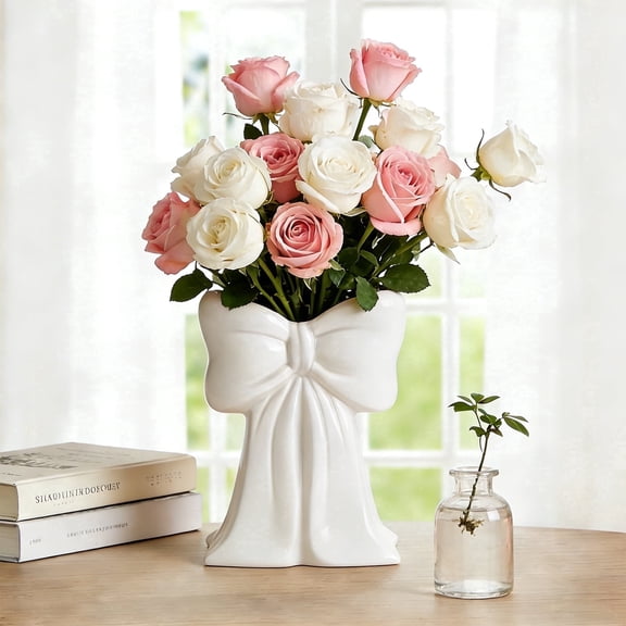 MQUPIN White Bow Coquette Ceramic Vase 6.3x4.9x3 in, Multi-purpose Makeup Brush Holder & Pen Holder, Decorative Tabletop Vase for Dried Flowers, Home Office Desktop Decor