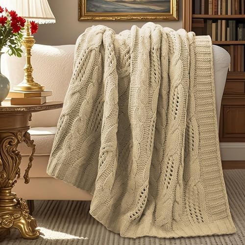 Chunky Knit Throw Blanket, Dual-Sided Soft Chenille Breathable Cable Knitted Blanket for Couch, Farmhouse Decorative Throw for Sofa & Chair, 50"x60", Beige