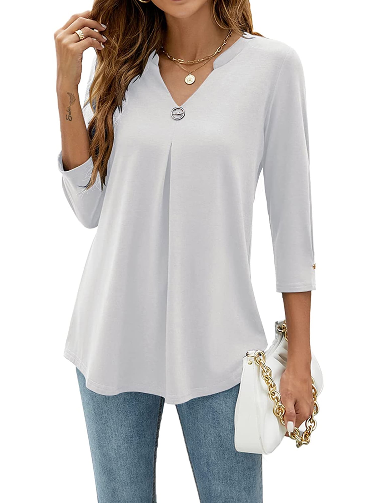 ESASSALY Women 3/4 Sleeve VNeck Blouses Buttondown ShirtsTops Spring Loose Casual Shirts