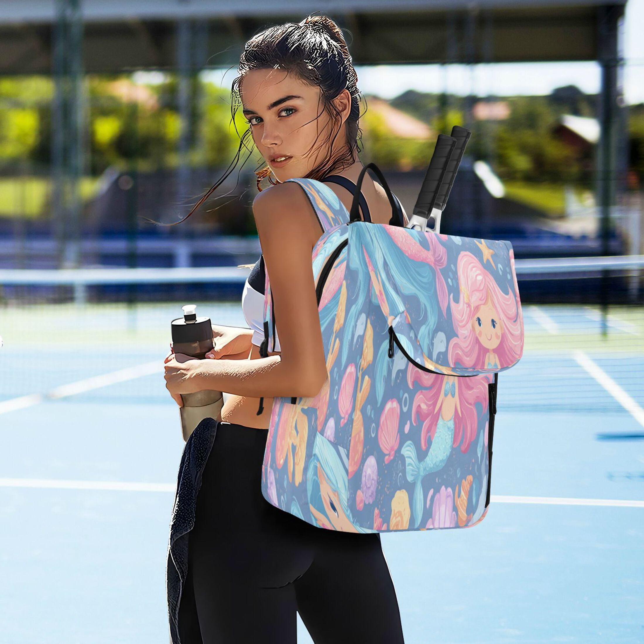 2 Racquet Holder Tennis Backpack Tennis Racket Covers Gym Bags Cute Little Mermaids