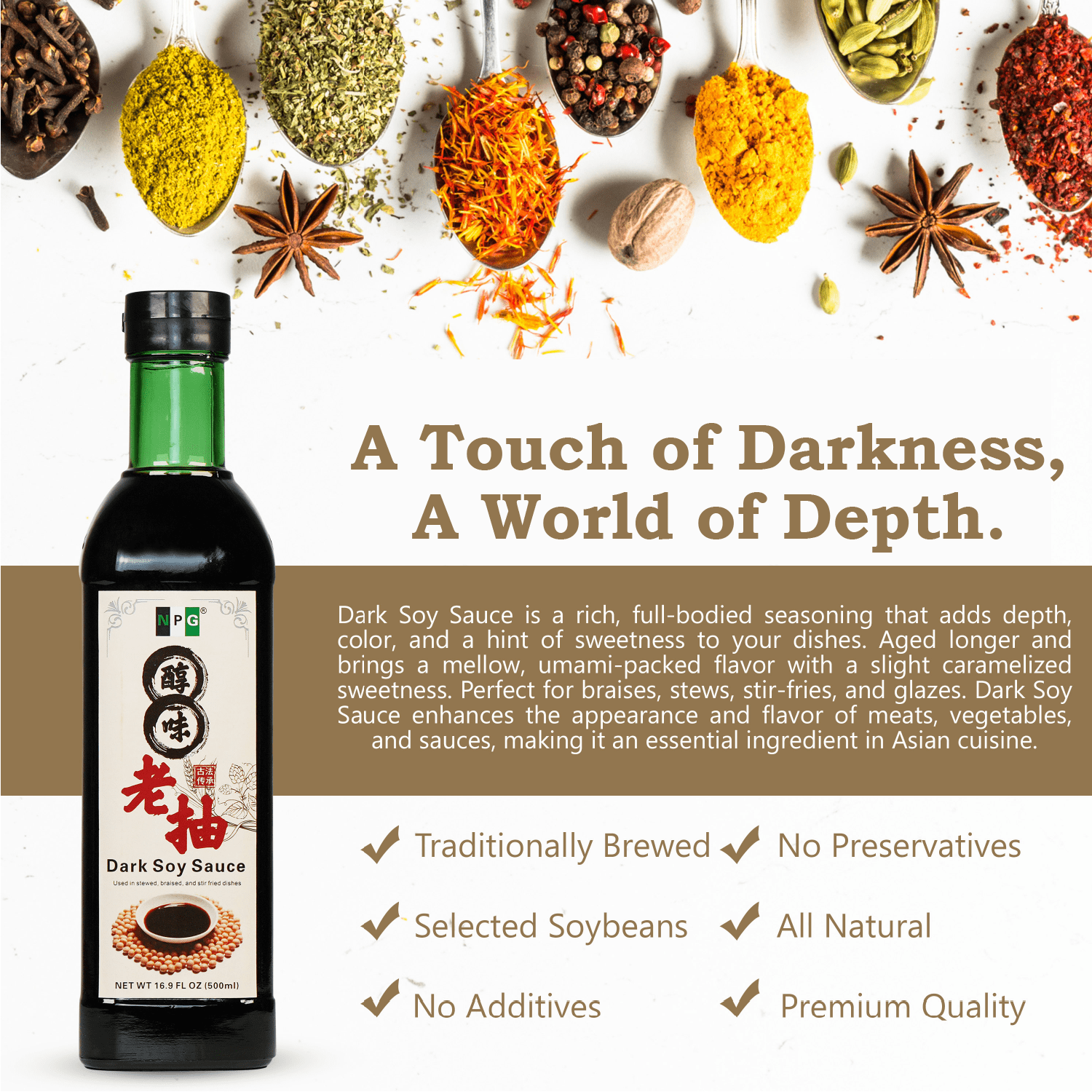 NPG Premium Dark Soy Sauce Set 16.9 fl oz (Pack of 2) , Soy Dipping Sauces for Fish, Dumpling, Noodles, and Marinade Meat, Perfect Condiment for Japanese Sushi, Sashimi, Asian Stir Fry, Non-GMO
