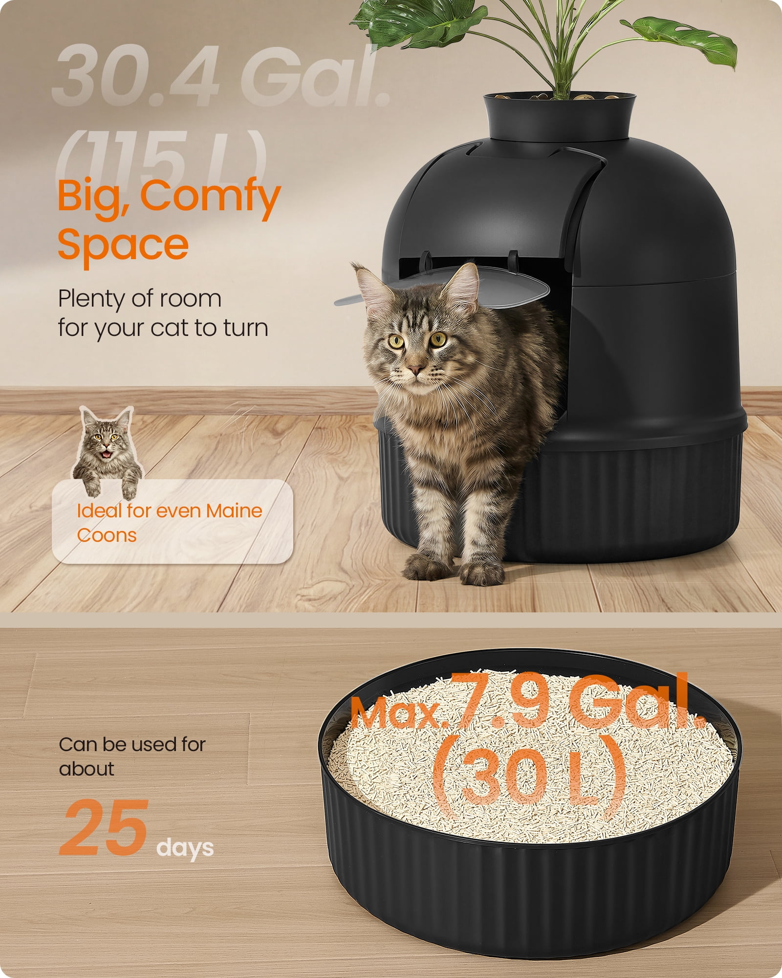 Feandrea Plant Cat Litter Box Enclosure with Artificial Plant, Enclosed Hidden Litter Box Furniture with Door, Pebbles, Scoop, Brush, Ink Black