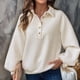 thumbnail image 4 of Suéter Informal de Otoño con Botones para Mujer, Suéteres Extragrandes, Larga, Cuello en V, Tejido Texturizado Crema L, 4 of 10