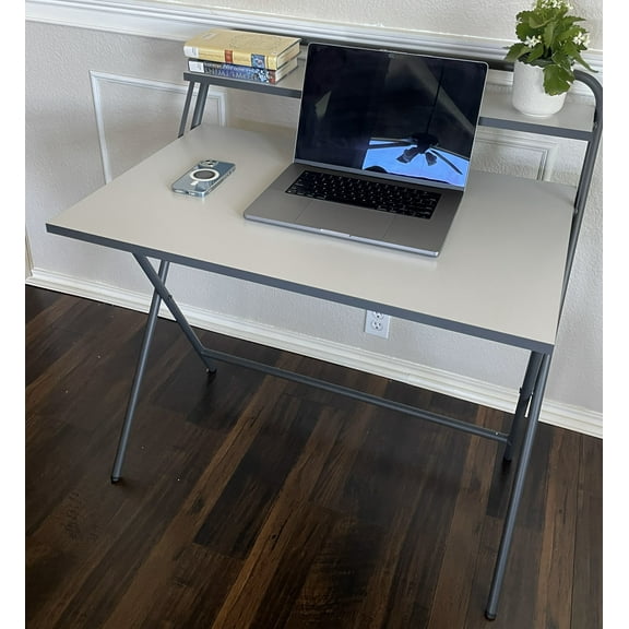 ABAHome  Foldable Desk , No Assemble Required, 2-Tier Foldable Computer Desk, Study Desk  with Shelf, Metal Frame, Anthracite and Gray