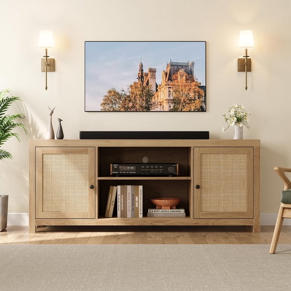 Jojoka TV Stand for TVs Up to 65", Rattan Entertainment Center with 2-Tier Storage and Adjustable Shelf, Wood TV & Media Console Cabinet Furniture for Living Room