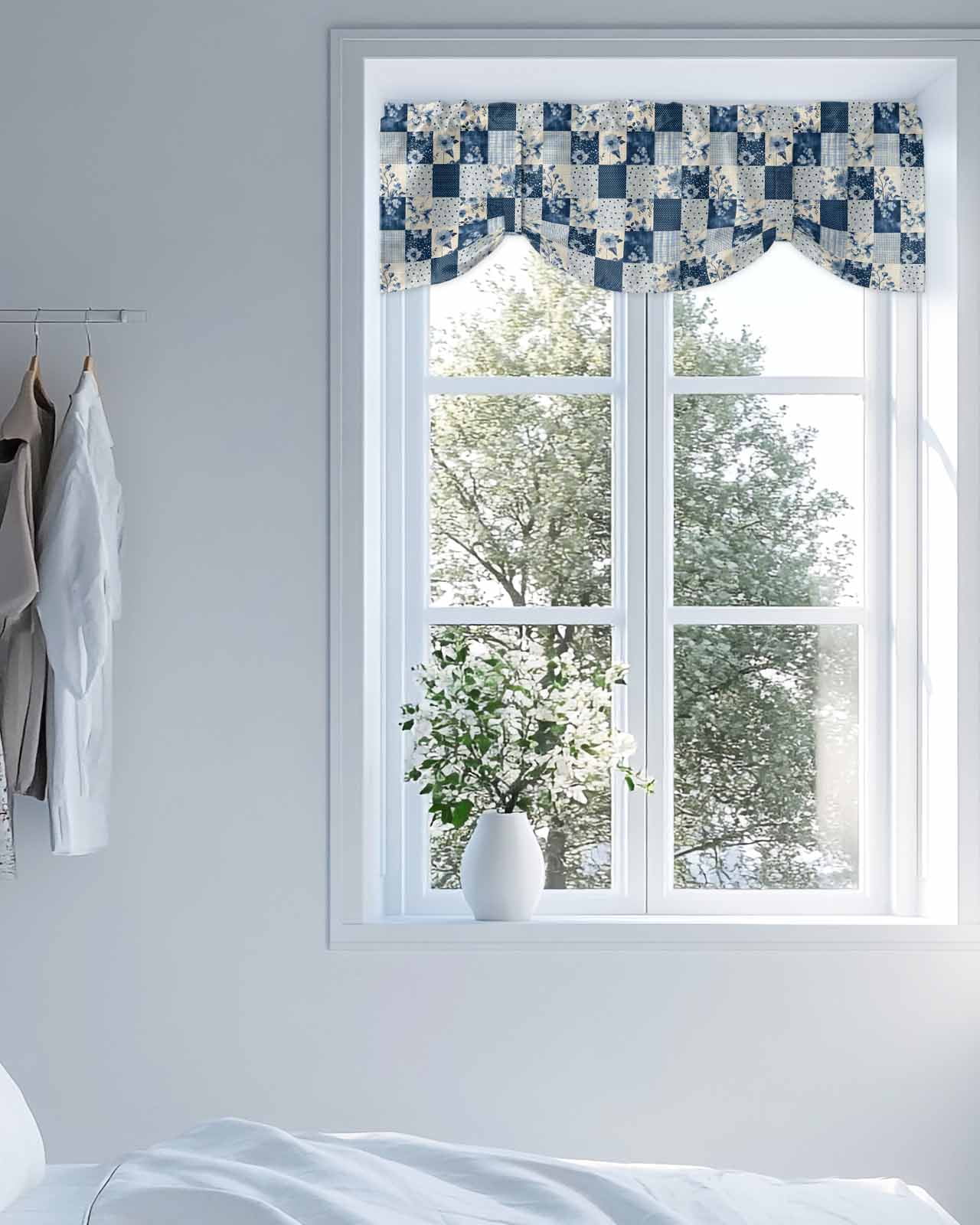 Vintage Patchwork Tie Up Valances Curtain, Blue Flowers Polka Dot Linen Kitchen Valances for Windows Decor, Rod Pocket Short Curtains Set for Bedroom/Bathroom, 60"x18"