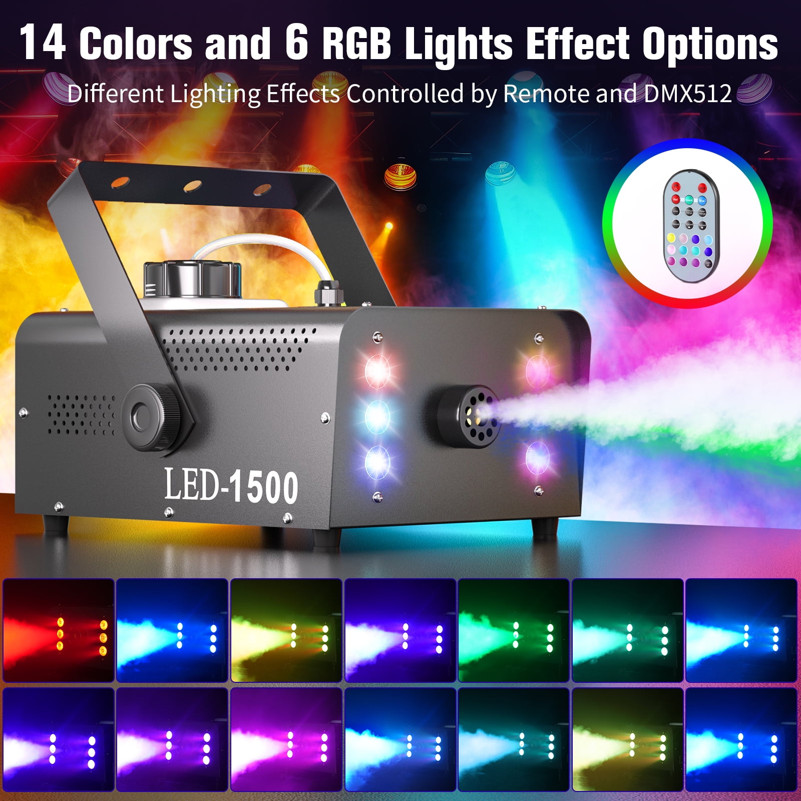 1500W Fog Machine 1L Capacity, RGB 6 LED Lights with Remote Control for Party Christmas DJ Disco Stage