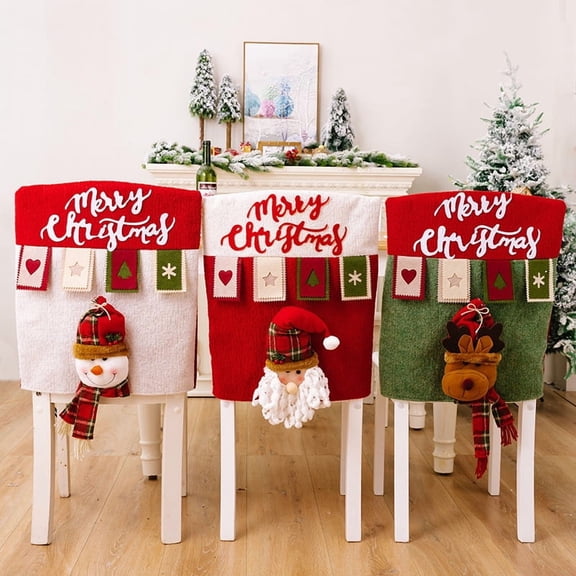Christmas Chair Covers, 3D High Back Christmas Themed Chair Covers, Santa Claus Snowman Reindeer Cute Chairs Covers Set of 3 for Dinning Room Party Holiday Decoration