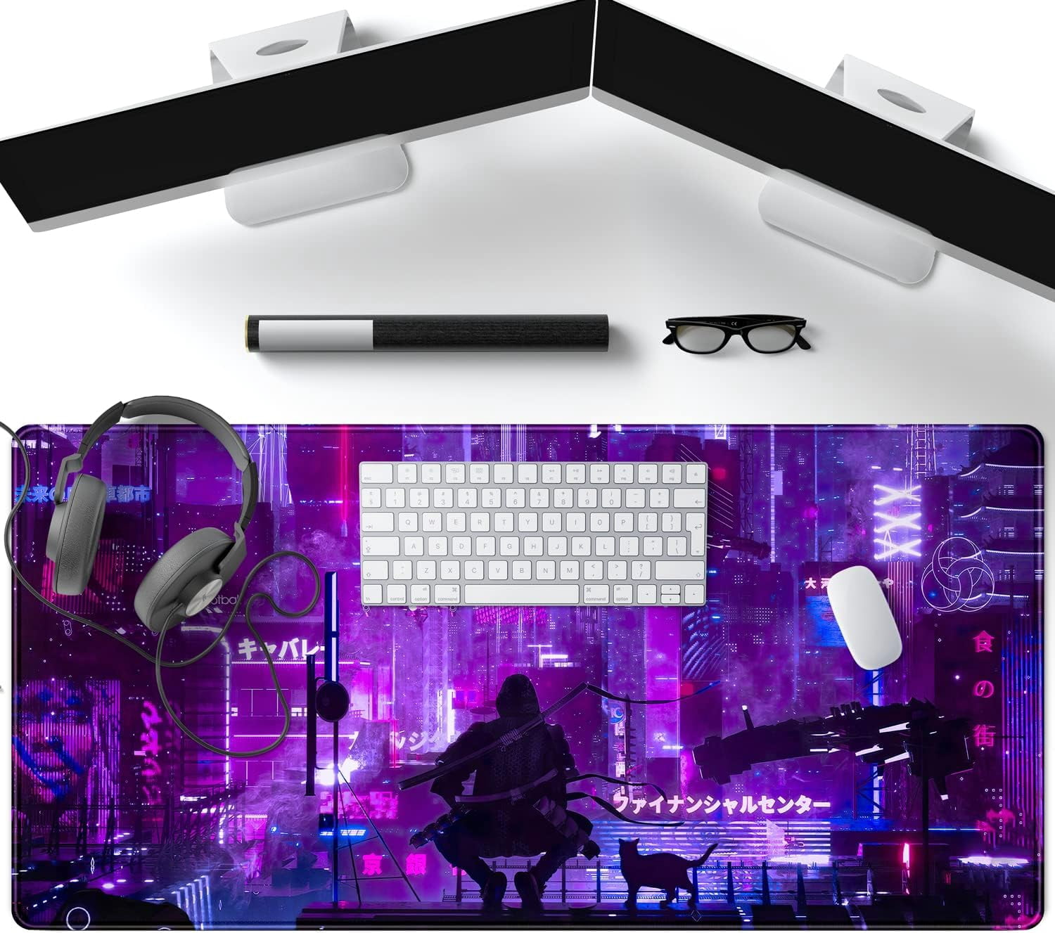 Anime Neon Mouse Pad Purple City Gaming Desk Big Cute Kawaii Pink Extended Mouse Pad Gaming,Office Keyboard Pc Laptop Mousepad Large 31.5x15.7 in-with Stitched Eges Non-Slip Base Mouse Pads Mat