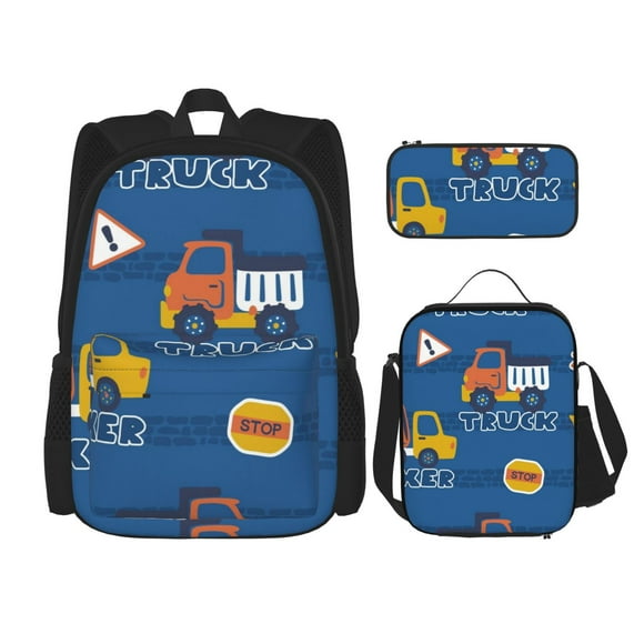 Disketp Construction Vehicles Mochila Estampada de Gran Capacidad con Lonchera y Estuche, Set de 3 Piezas para Estudiantes