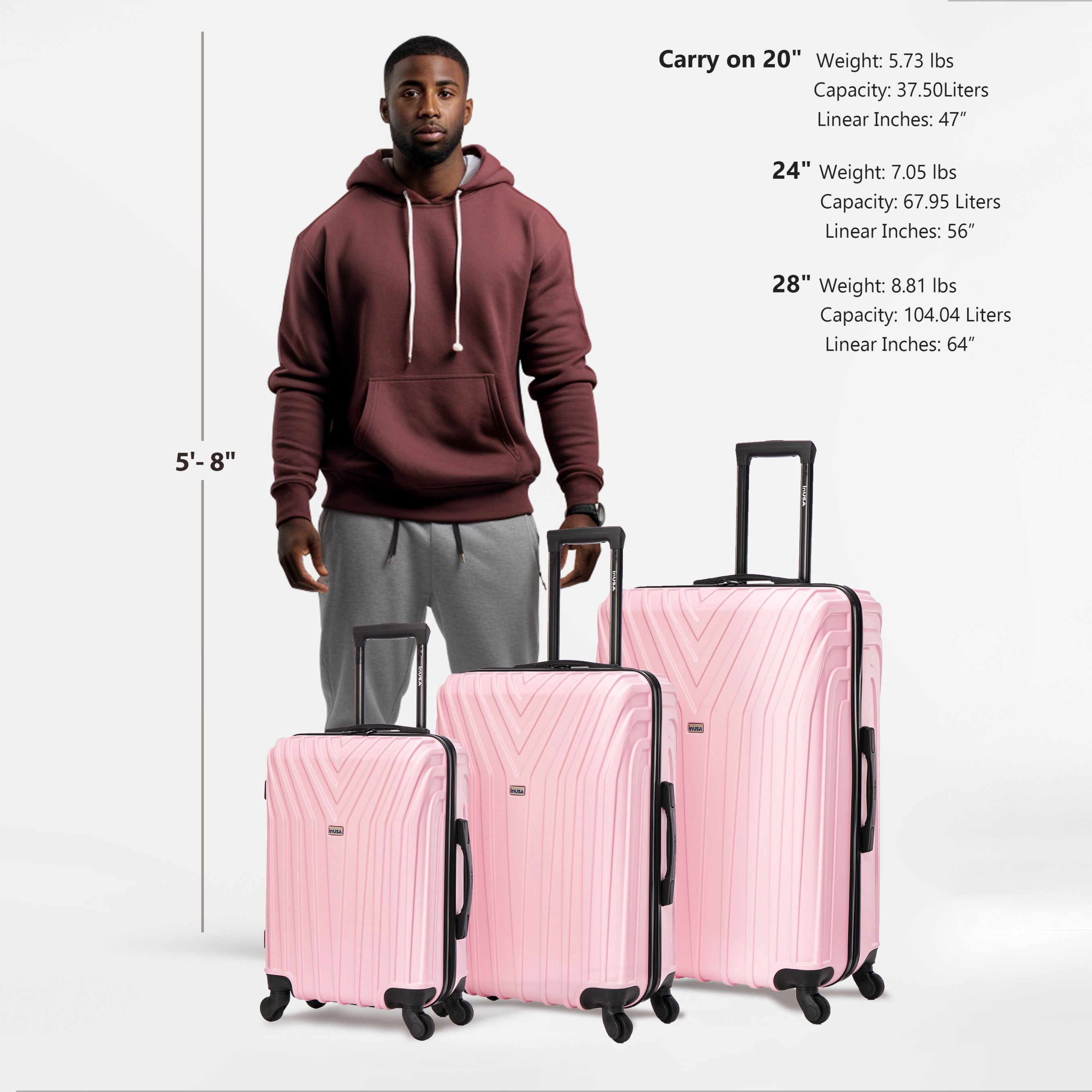 InUSA Vasty 3-Piece Hardside Luggage Sets with Spinner Wheels, Handle, and Trolley, (20"/24"/28"), Pink