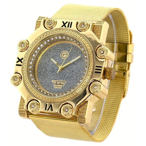 Men's big gold tone CZ Hexagonal clubbing 51mm case watch