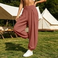 thumbnail image 2 of Women Solid Double Crinkle Elastic High Waist Jogger Pants, Side Pockets Loose Daily Casual Long Trousers Red L(L), 2 of 9