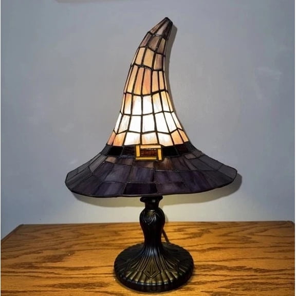 Stained Glass Witch Hat Lamp, Crackr Gothic Halloween Decor for Bedroom & Desk, Unique Retro Wizard Hat Night Light Gift for Witchy Lovers