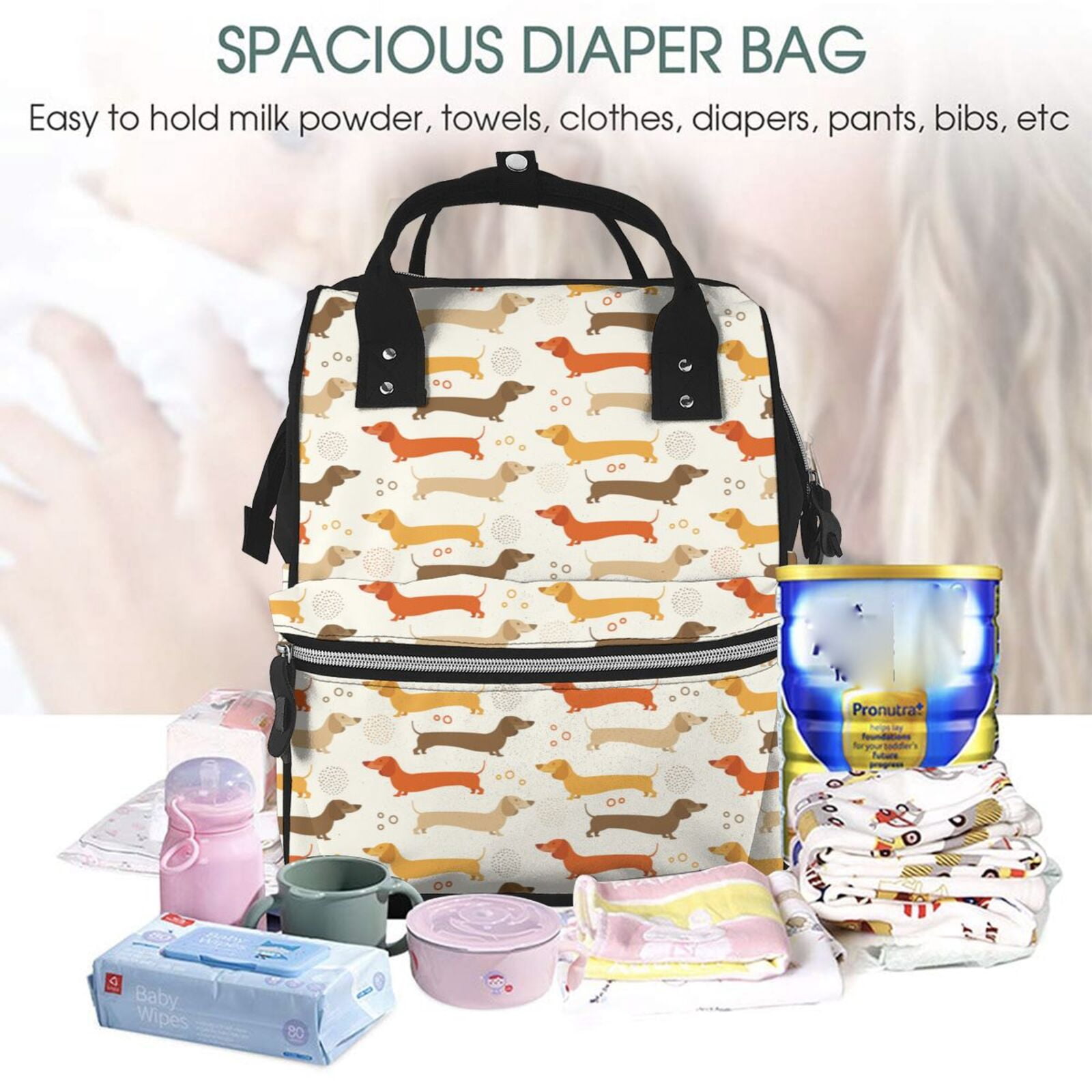 Ratiio Dachshund Mummy Backpack - Waterproof Twill Canvas, Large Capacity Diaper Bag with Multiple Pockets and Adjustable Straps