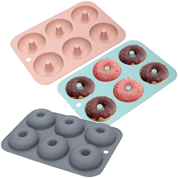 Silicone Donut Molds for Baking, 3-Pack Doughnut Pan Set, Pink Blue Gray, 6-Cavity Design, Bagel Pans for Homemade Baking Treats