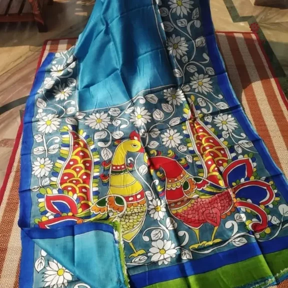 Blue Pure Silk Hand Painted Kalamkari Pure Saree