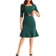 thumbnail image 2 of Vestido de oficina para mujeres Inspire Chic, con cuello cuadrado, hasta la rodilla, con cinturón, color verde oscuro-1, 2 of 6