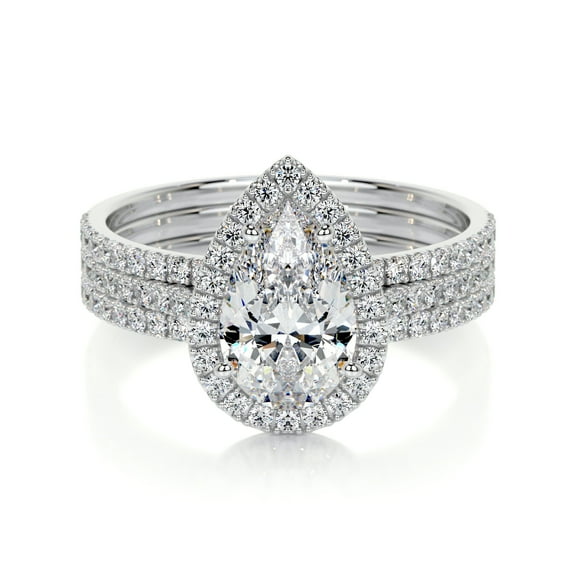 Blue Jewel Triple Eternity Band Pear Cut Halo Engagement Rings - 2 Ct Lab-Created Simulated Diamond in 14K White Gold Plated - Memorable Proposal Ring for Women