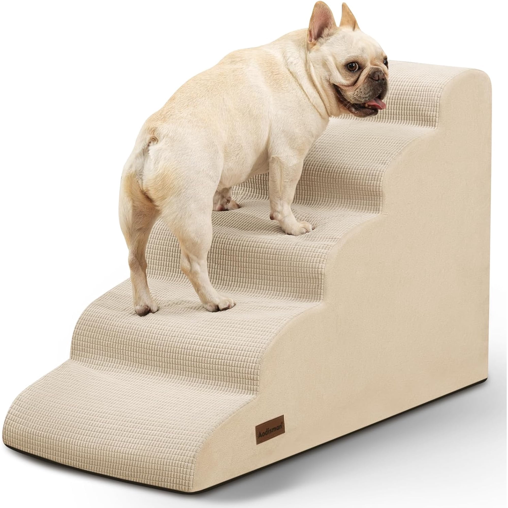 5-Step Dog Stairs and Ramp for High Bed Non-Slip Sturdy Pet Steps for Small Dogs and Cats 22.2 H Beige