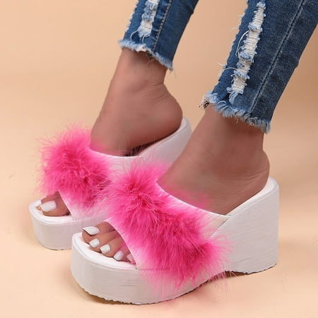 

Cathalem Fashion Spring And Summer Women Sandals High Heels Wedge Heel Thick Soled Platform Fluffy Wide Wedge Sandals for Women Hot Pink 7.5