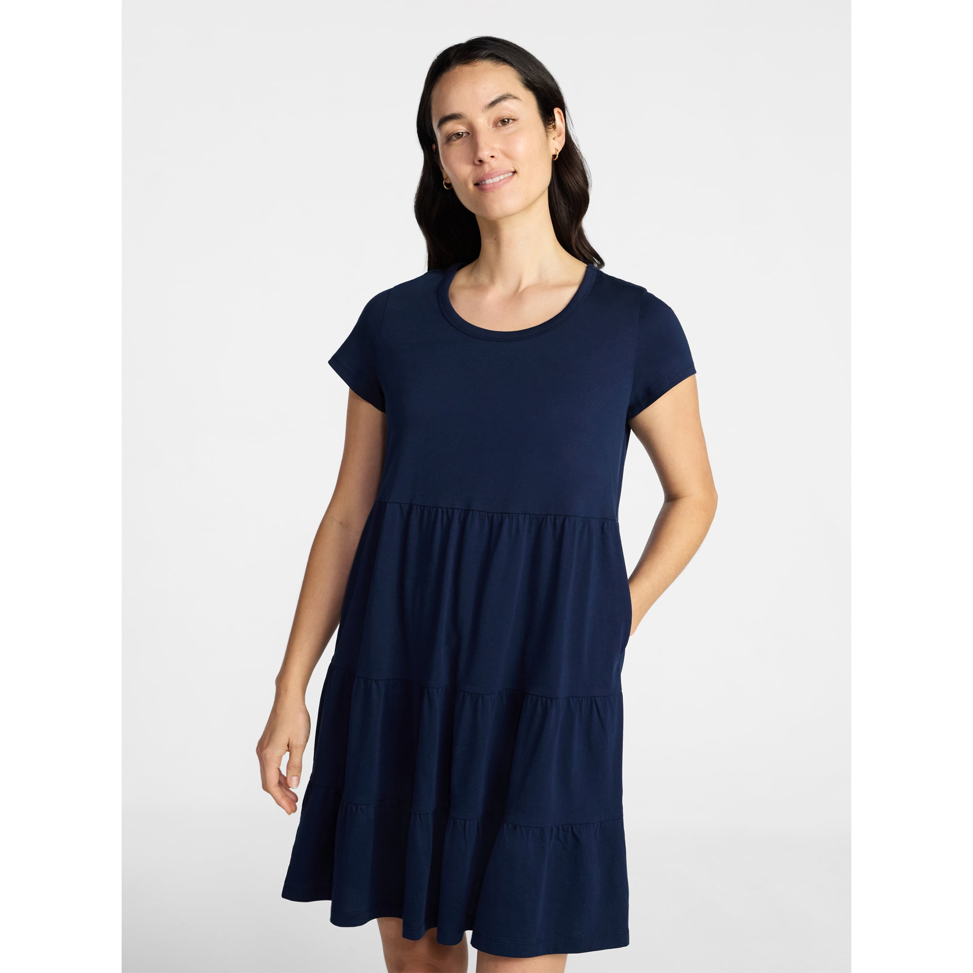 Time and Tru Women's Tiered Cotton Mini Dress with Short Sleeves, Sizes XS-XXXL