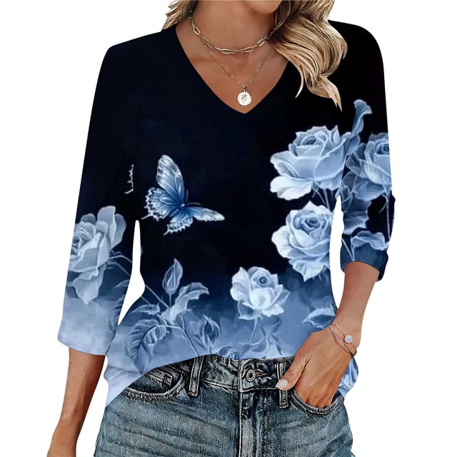 Ounisa T-Shirts à Manches 3/4 pour Femmes Col en V Manches Raglan Chandail Imprimé Décontracté Tendance Printemps Été Mode Hauts P-2TG