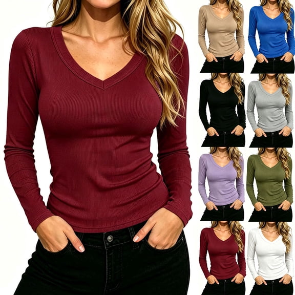 Goodtrade8 T-Shirts for Women Office Slim Pullover V-Neck Solid Color Long Sleeve Casual Basic Tops