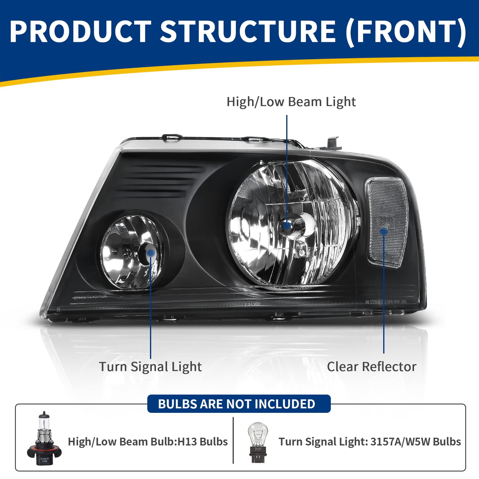 RVNI Black Housing Halogen Headlights For 04-08 Ford F150 06-08 Lincoln Mark Lt Lamps