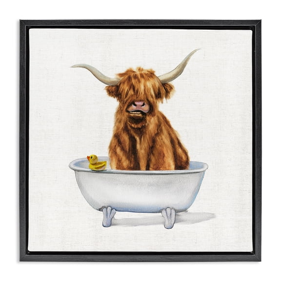 Stupell Industries Contemporary Shaggy Country Cattle in Tub Black Floating Frame Canvas Art, 18 x 18, by Donna Brooks