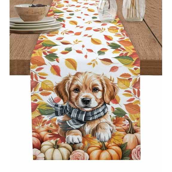 Thanksgiving Pumpkins Burlap Cotton Table Runner 13x90 Inches Long, Fall Cute Dog Leaves Floral Country Farmhouse Table Runners, Outdoor Dining Tablecloths Decor for Baby Shower/Party/Wedding