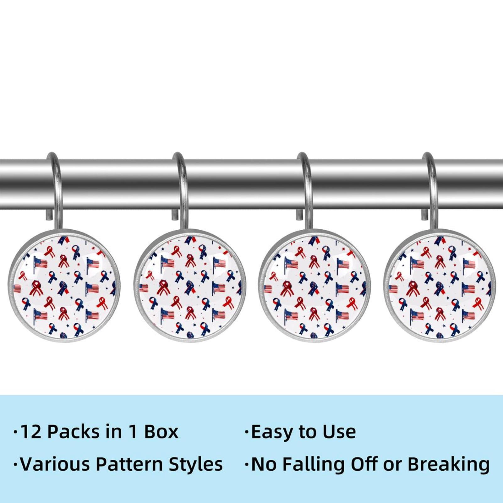 12pcs Decorative Shower Curtain Hooks, Rust Resistant Shower Rings for Bathroom Living Room,Rustproof Stainless Steel Rings for Shower Curtain and Liner Rods,4th of July Bows Flags