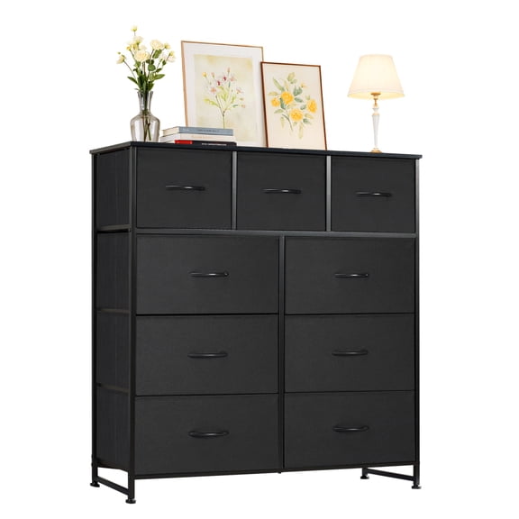 Casabay 9 Drawer Dresser Wide Chest of Drawers Storage Tower with Fabric Drawers and Wood Top for Bedroom Living Room Hallway, Black