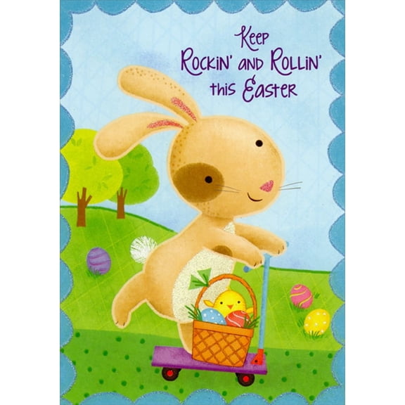 Designer Greetings Brown Bunny Riding Purple and Blue Scooter Juvenile Easter Card for Young Kid : Child with Fun Stickers