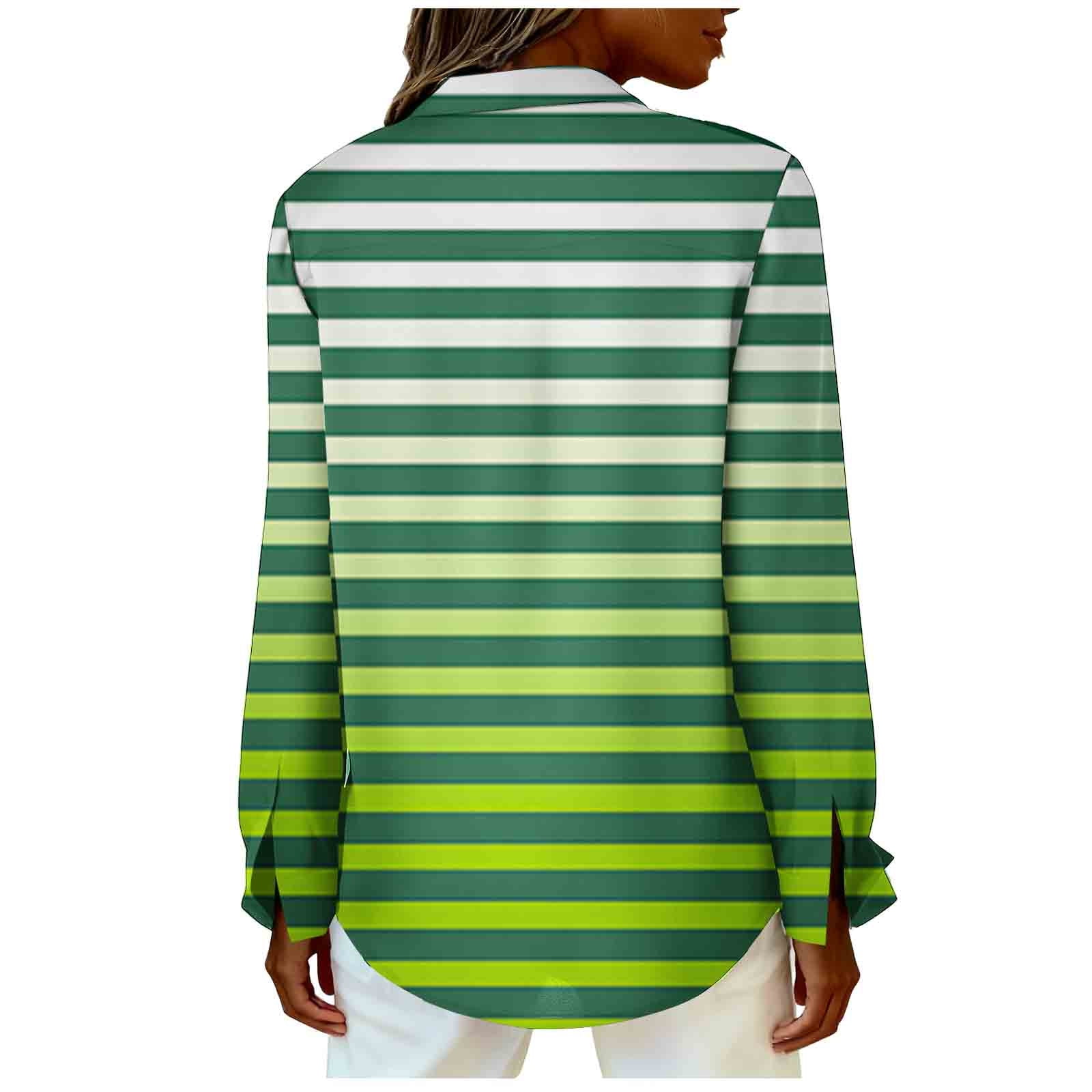 ylioge Shirts for Women Plus Size S-5X Long Sleeve Button-Down Collared Blouses Womens Trendy Stripe Printed Breathable Hawaiian Beach Tops