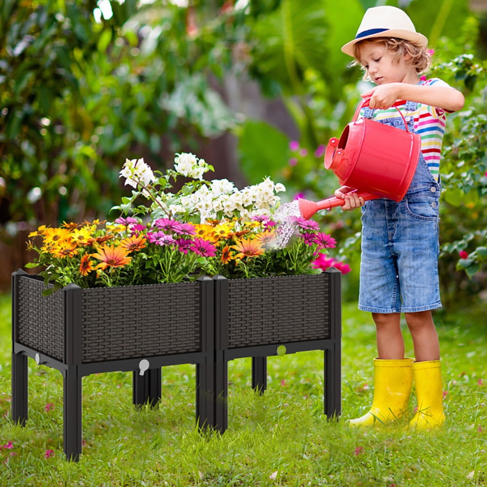 Spaco 2 Set Elevated Plastic Raised Garden Bed Planter Kit for Flower Vegetable Grow, Planter Raised Beds, Planter Boxes Outdoor, Raised Beds for Gardening-Brown