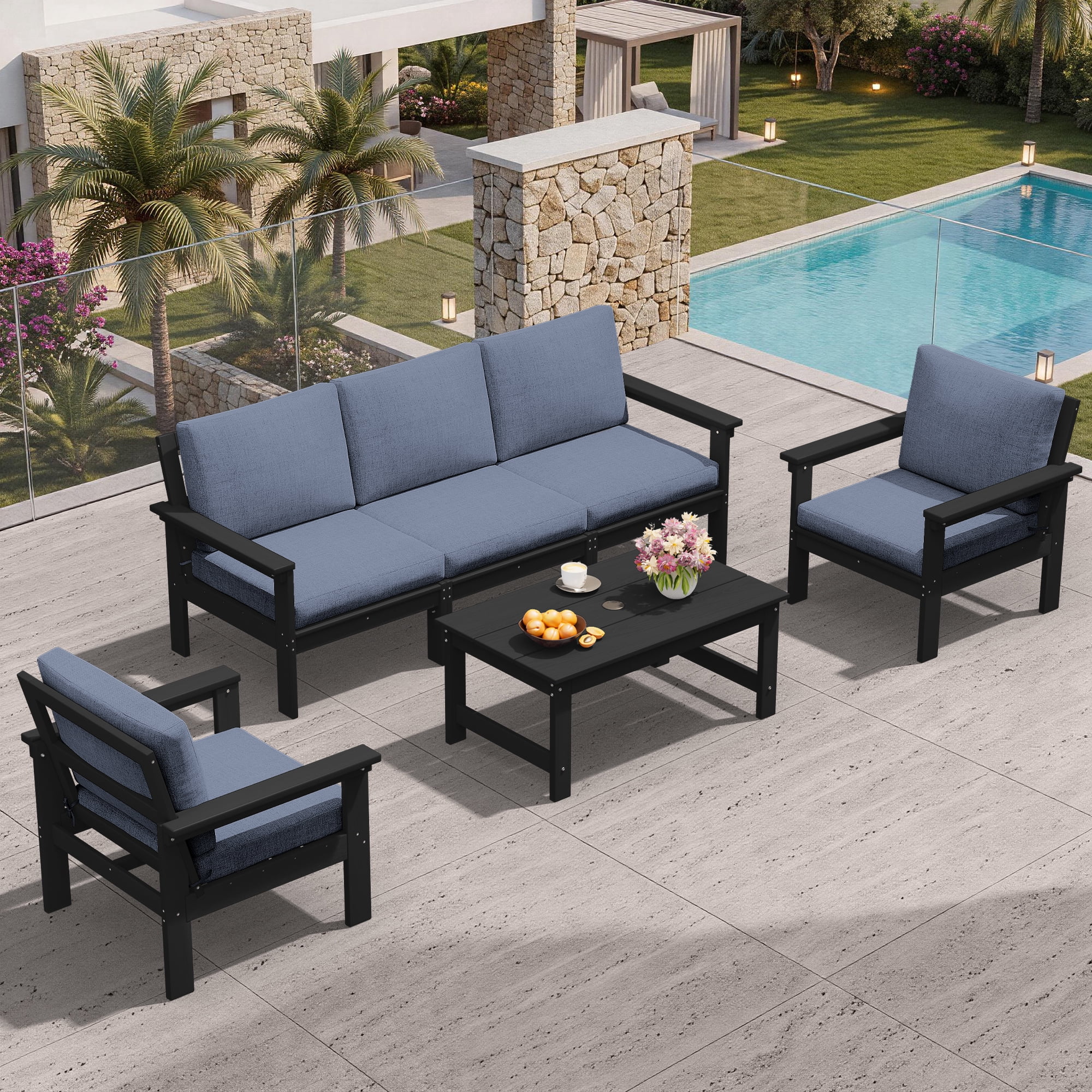 SERWALL Outdoor Patio Furniture Set, 6-Piece HDPE Outdoor Sofa Set Patio Conversation Set, Black Frame with Grey Cushions