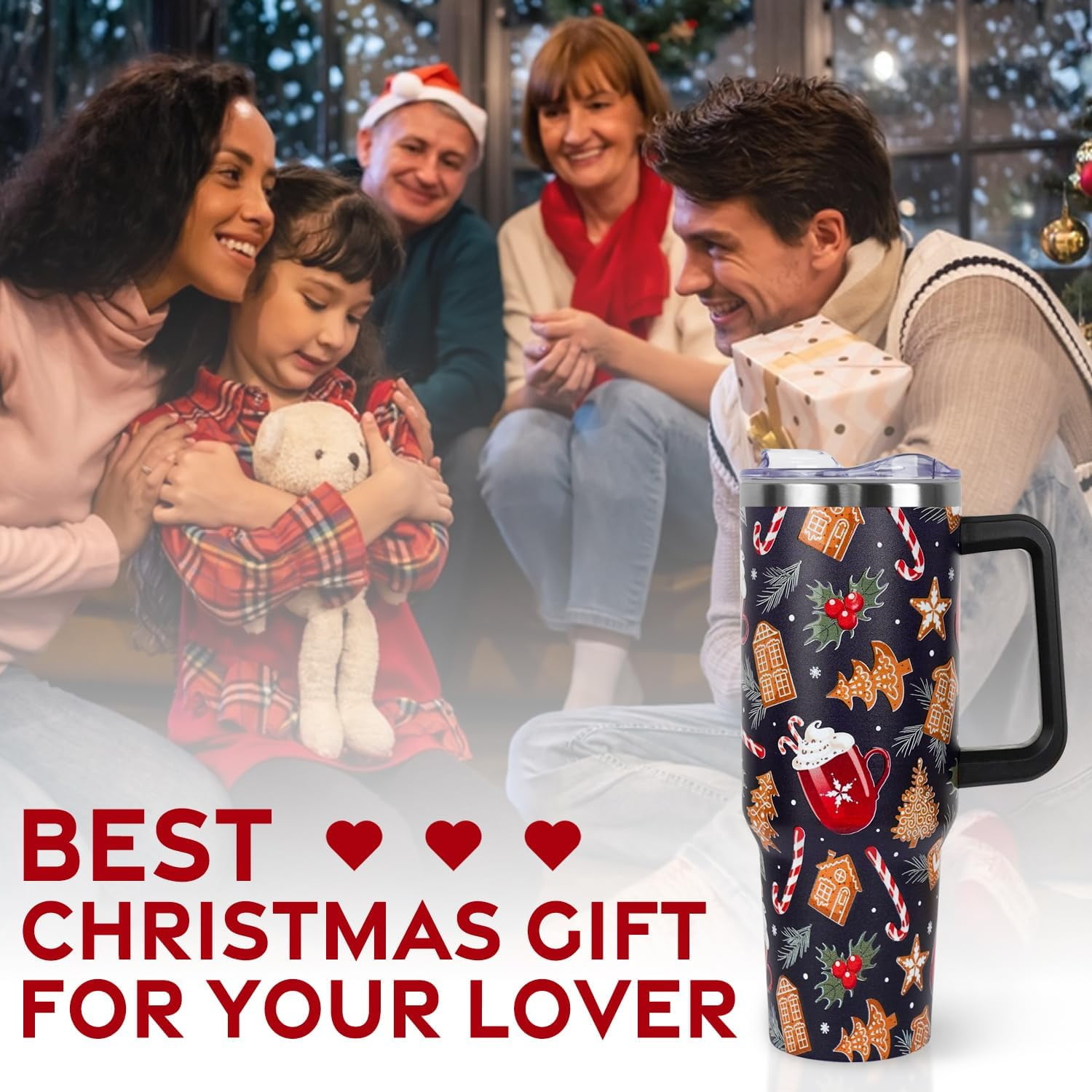 Christmas Tumbler with Handle and Straw Lid 40 oz,Cute Christmas Gifts for Women Gingerbread House Vacuum Insulated Leak Proof Tumbler,Winter Holiday Accessories Stainless Steel Coffee Cup Mug